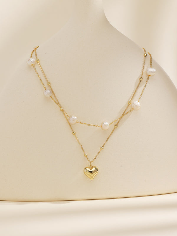 Golden Heart & Double Chain Freshwater Pearls Necklace