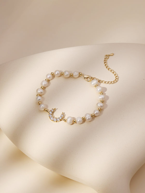 Full Zircon moon freshwater Pearl French Minimalist Bracelet